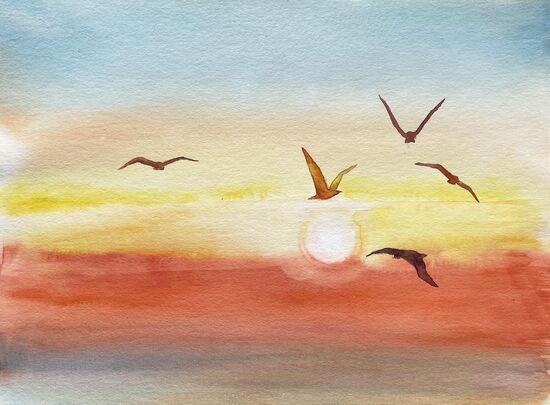 malen am Meer Sonnenuntergang Sonnenuntergang Aquarell Möwen Anfänger