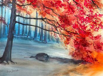 roter Baum im Wald Nebel Aquarell