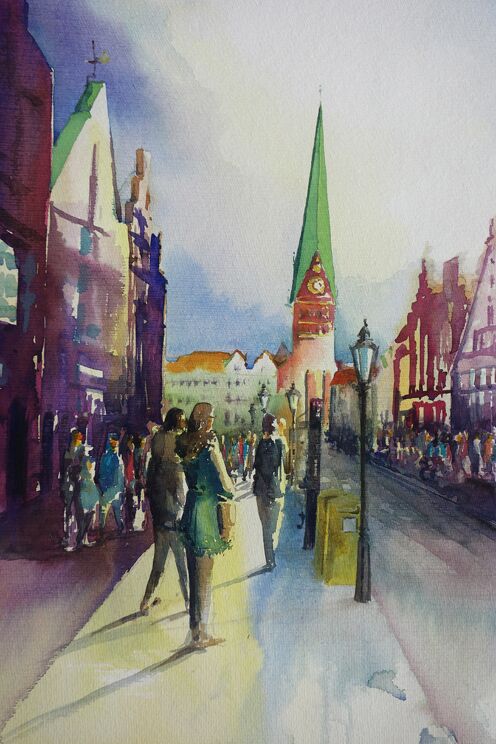 malen am meer lüneburg Lüneburg am Sande Straßenansicht im Aquarell