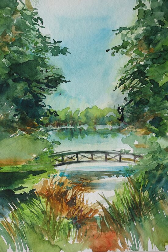 malen am meer waldbrücke Brücke Bäume Wald im Aqurarell