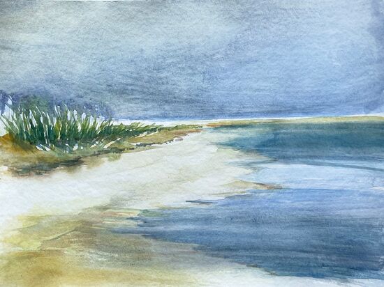 strand sand dünen meer aquarell gras wind
