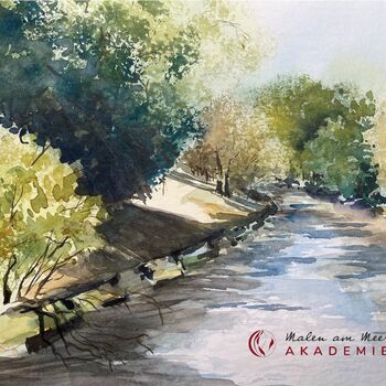 Fluss malen Aquarell Bäume malen