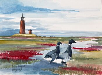 Ringelgänse Langeneß Hallig Meer Leuchtturm Aquarell malen