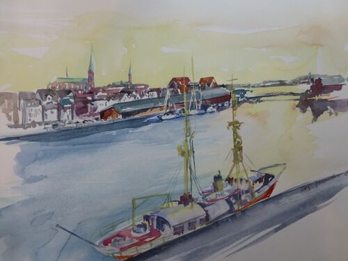 malen am meer lübeck Hafen in Lübeck Landschaft im Aquarell