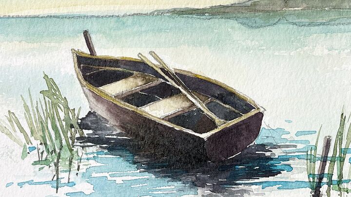 malen am meer ruderboot im ruhigem Wasser Aquarell Ruderboot malen im Aquarell Zeichnung
