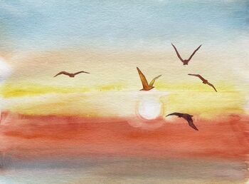 Sonnenuntergang Aquarell Möwen Anfänger