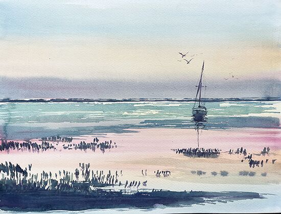 Segelboot Boot Wasser Himmel Sonnenuntergang malen Aquarell