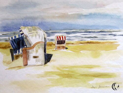 Strandkörbe am Meer Aquarell