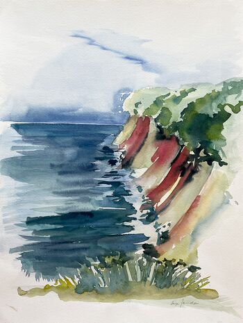 rote Steilküste Meer Himmel Landschaft malen Aquarell