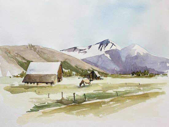 berge landschaft alpen kühe aquarell malerei