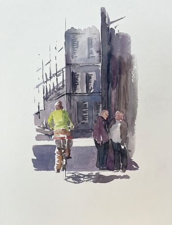 Radfahrer gemalt mit Schatten Aquarell