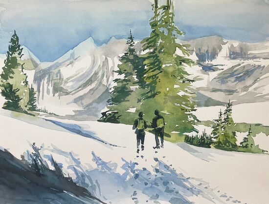 malerei aquarell schnee winter wanderung berge