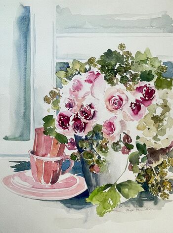 blumen strauß tassen stillleben aquarell malerei
