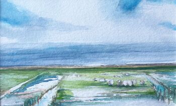 Schafe am Deich hoher Himmel Aquarell