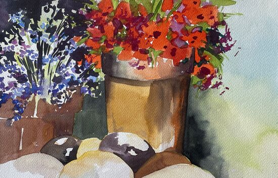 Lavendel Sommerblumen im Tontopft Blumen Aquarell malen