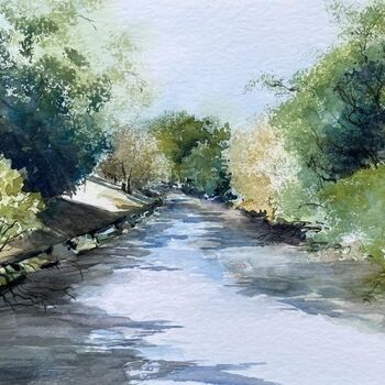 aquarell malerei fluss bäume wald natur