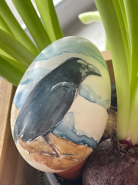 Krafttier Rabe auf Gänseei Aquarell