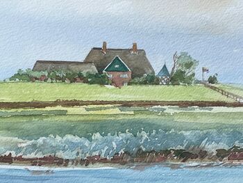 kirchwarft von hallig hooge Aquarell