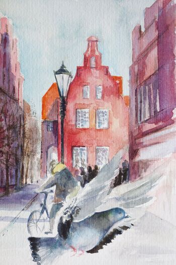 Lüneburg Bücherei Stadt Taube Aquarell