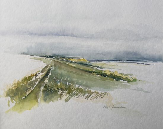 Deich mit Wasserkante im Aquarell