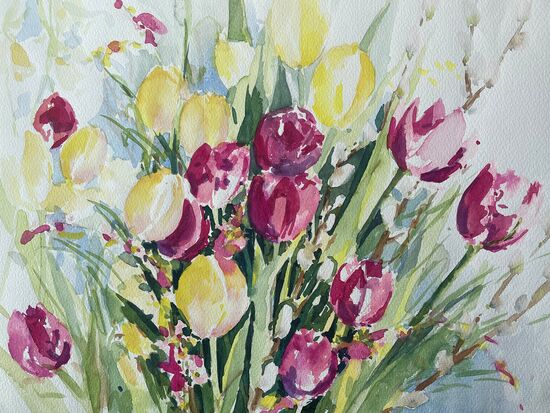 malen am meer tulpenstrauß tulpen gelb lila blumen im Aquarell