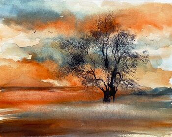 Sonnenuntergang Baum Herbststimmung orange Aquarell malen