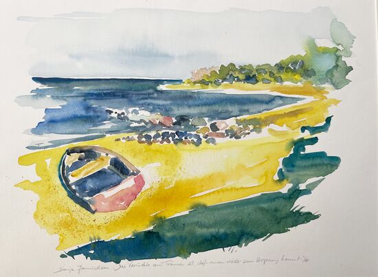 malen am meer boot am strand Boot am Strand Landschaft im Aquarell