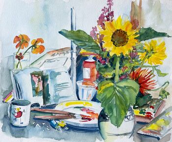 Sonnenblume Arbeitsplatz malen Farben Aquarell