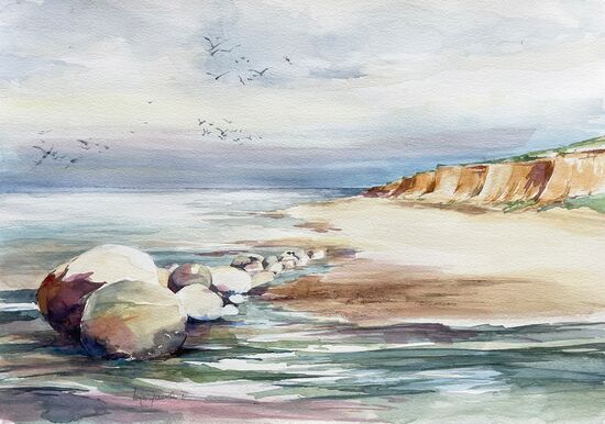 malen am meer steine Steilküste Abbruchkante Steine Meer Himmel Aquarell malen