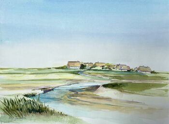Nordseehallig Hallig Langeness mit Priel Aquarell