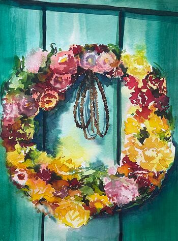 kranz türkranz aquarell malerei gemälde blumen zuhause