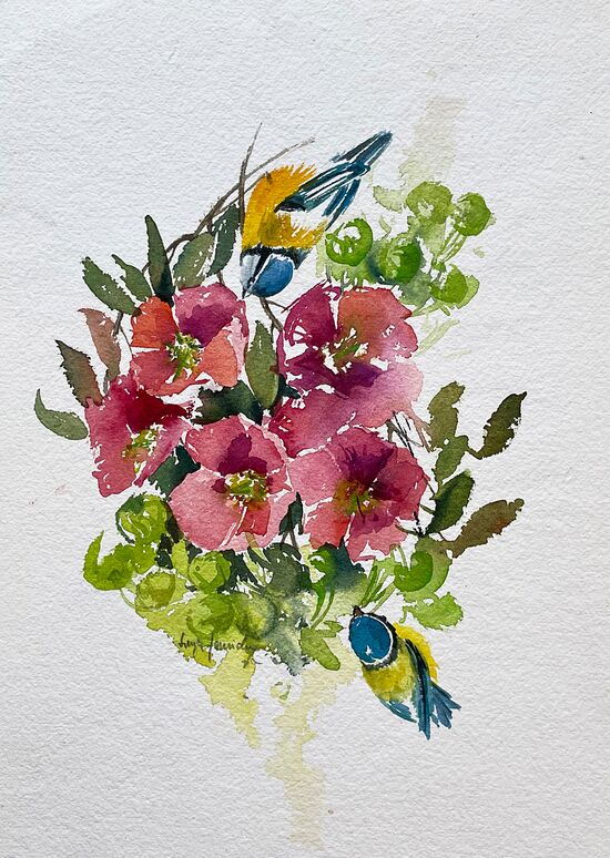 Meisen Christrosen rot Blumen Tiere Vögel Aquarell malen
