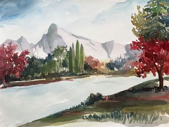 bäume fluss herbst aquarell malerei