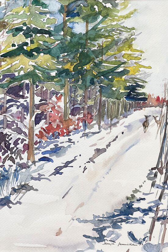 schnee reh aquarell malerei winter