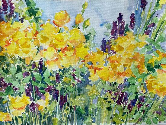 malen am meer Rosen gelbe Rosen mit Lavendel Aquarell malen Blumen