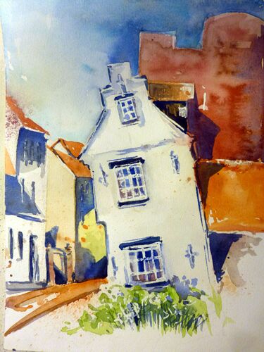 an der Stadtmauer schräges Haus Lübeck Aquarell