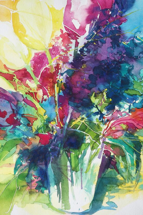 Flieder gelbe Tulpen abstrakt Blumen Aquarell