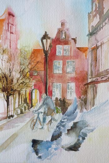Stadtmitte Lüneburg Bücherei Fachwerkhaus Aquarell
