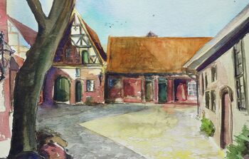 Lüneburg roter Hahn Fachwerkhäuser Innenhof Aquarell