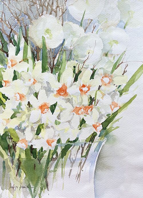 Narzissen weiß Weidekätzchen Aquarell malen