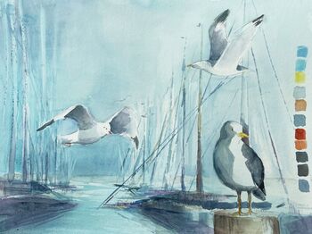 Möwen Hafen fliegende Möwen Aquarell malen