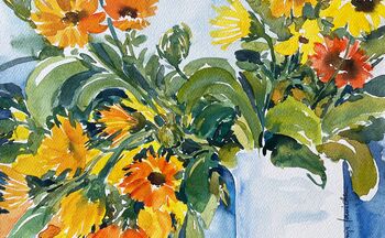 gelbe Blumen im Aquarell Calendula in der Vase im Aquarell