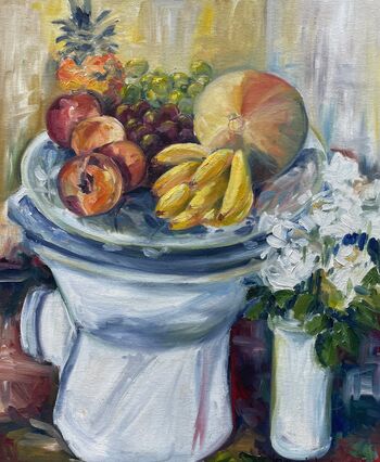 Obst Bananen Anannas in Schale auf Toilette
