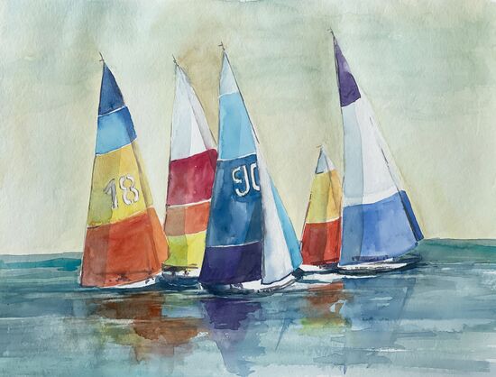 bunte Segel im Meer Aquarell