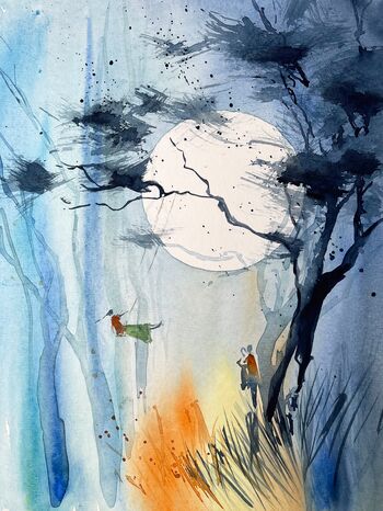 schaukelnde Frau mit Mond im Aquarell