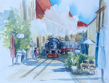 molly kühlungsborn eisenbahn aquarell malerei häuser