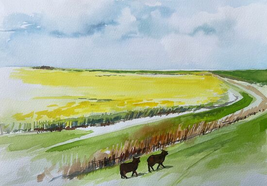 malen am meer schwarzes schaf schwarzes Schaf am Deich Aquarell