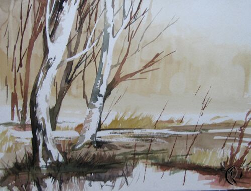malen am meer birken birken im Sumpf weiß Aquarell