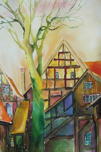roter Hahn Lüneburg Fachwerkhaus Baum Aquarell