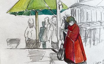 rote frau mit grünen schirmen sketch frau in der stadt
